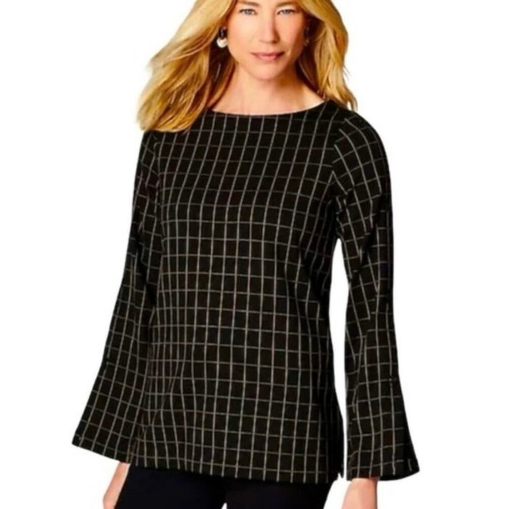 J Jill Black Tan Windowpane Check Long Sleeve Pullover Tunic Top Size Medium